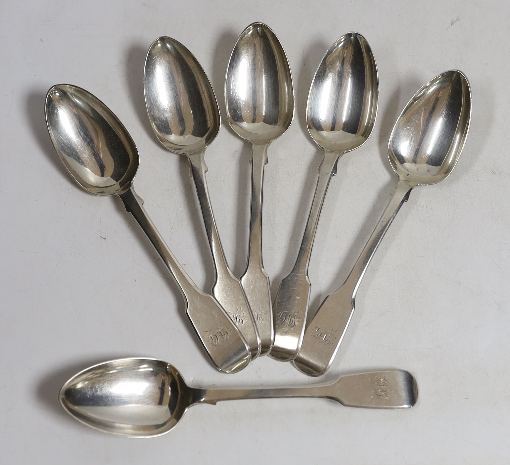 A set of six Victorian Irish silver fiddle pattern dessert spoons, maker, JS, Dublin, 1855
